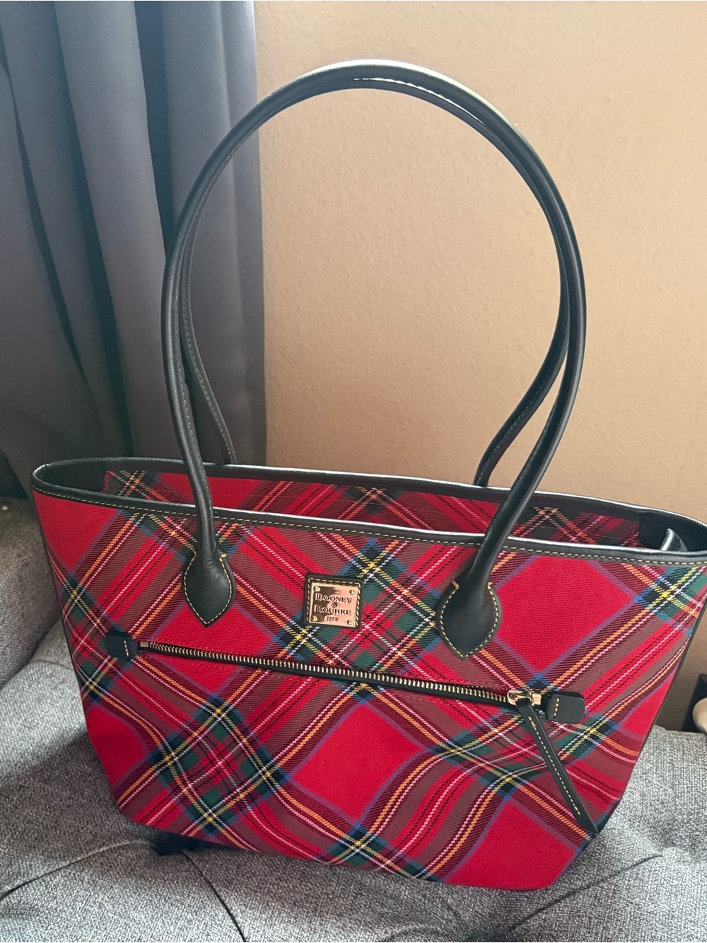 Red Plaid Tote Bag with Black Trim